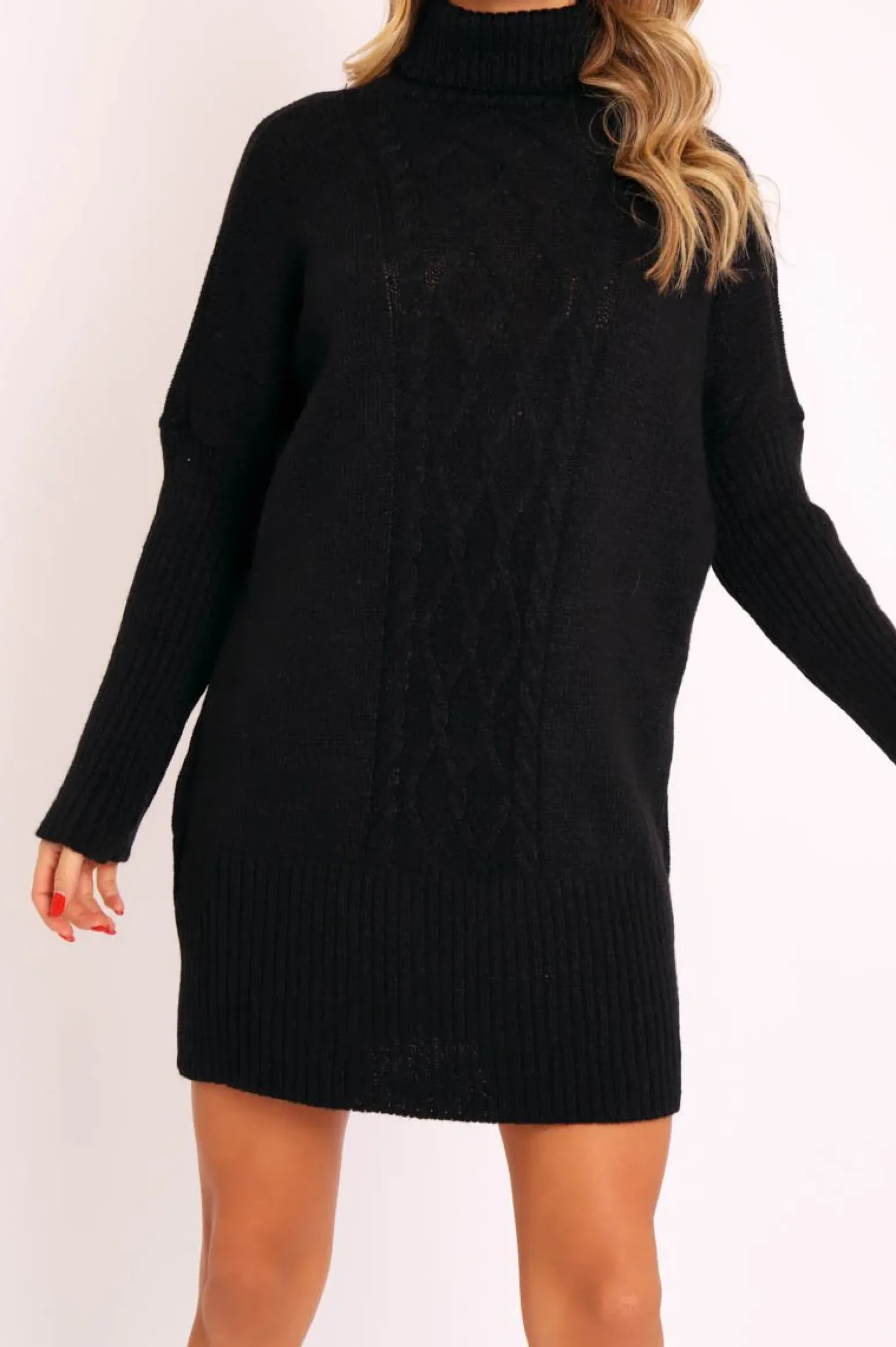 Rebellious Fashion Black Oversized Knitted Turtle Neck Jumper Dress - Freyah