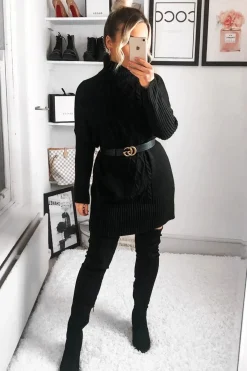 Rebellious Fashion Black Oversized Knitted Turtle Neck Jumper Dress - Freyah