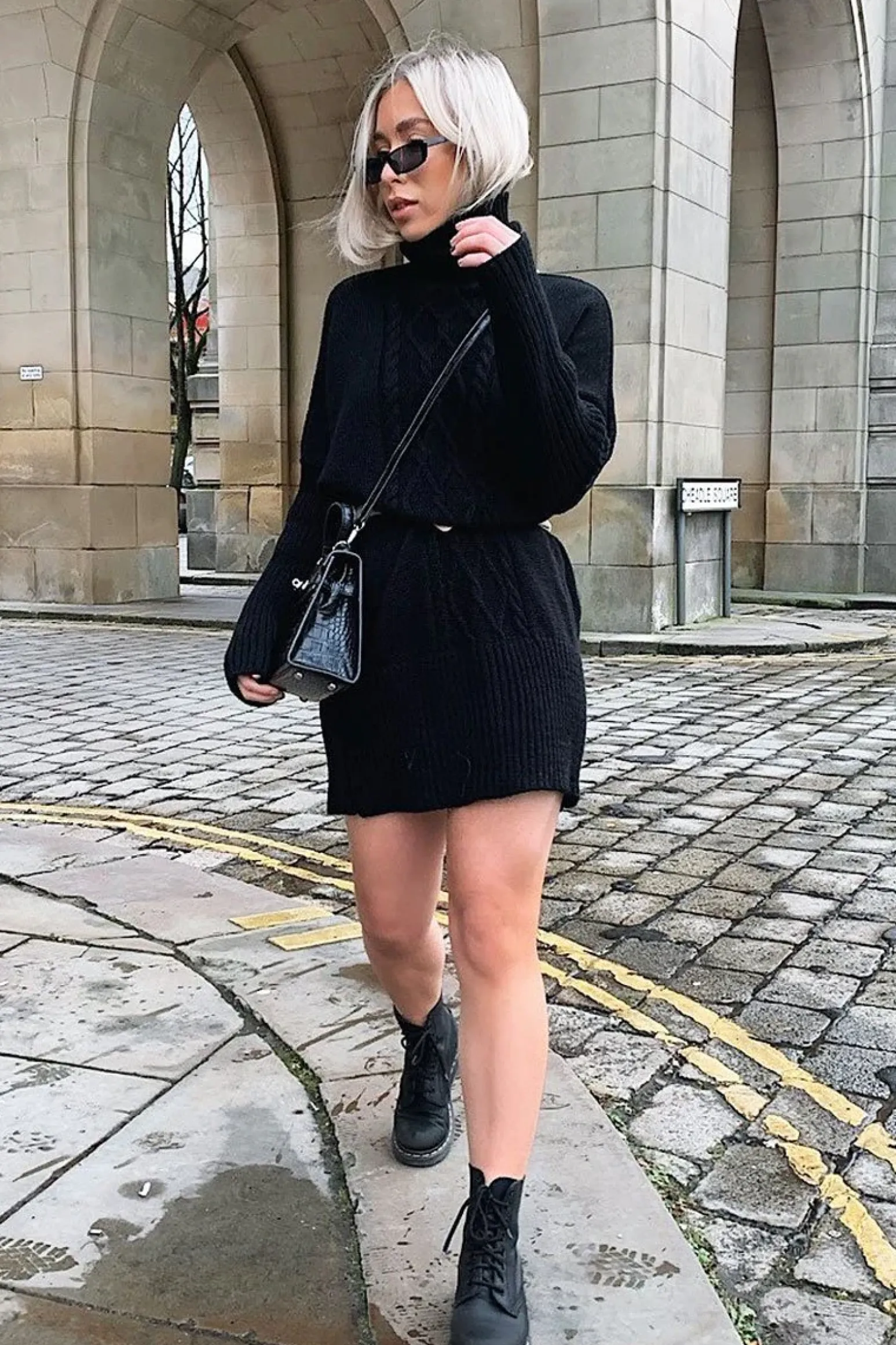 Rebellious Fashion Black Oversized Knitted Turtle Neck Jumper Dress - Freyah