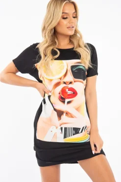 Rebellious Fashion Black Oversized Orange Fruit Face T-Shirt Dress - Alycia