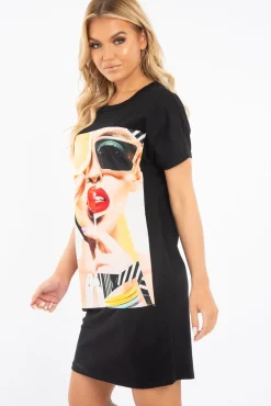 Rebellious Fashion Black Oversized Orange Fruit Face T-Shirt Dress - Alycia
