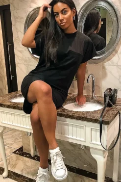 Rebellious Fashion Black Oversized Pocket Front Midi T-Shirt Dress - Whitney