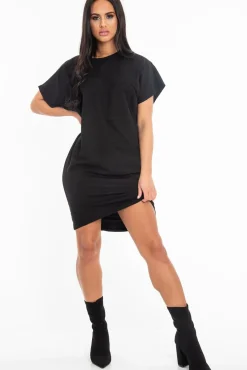 Rebellious Fashion Black Oversized Pocket Front Midi T-Shirt Dress - Whitney