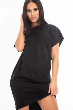 Rebellious Fashion Black Oversized Pocket Front Midi T-Shirt Dress - Whitney
