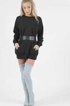 Rebellious Fashion Black Oversized Ruched Sleeves Jumper Dress - Hayley