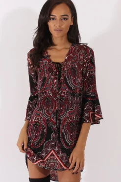 Rebellious Fashion Black Paisley Print Flared Sleeve Dress - Pia