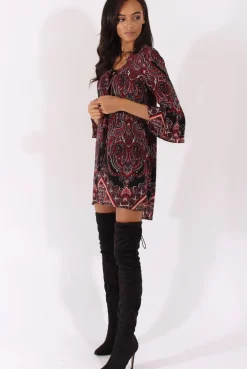 Rebellious Fashion Black Paisley Print Flared Sleeve Dress - Pia