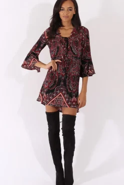 Rebellious Fashion Black Paisley Print Flared Sleeve Dress - Pia
