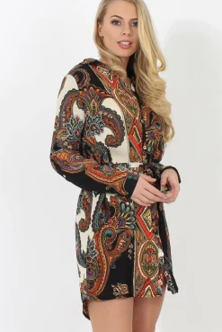 Rebellious Fashion Black Paisley Print Shirt Dress - Pearl
