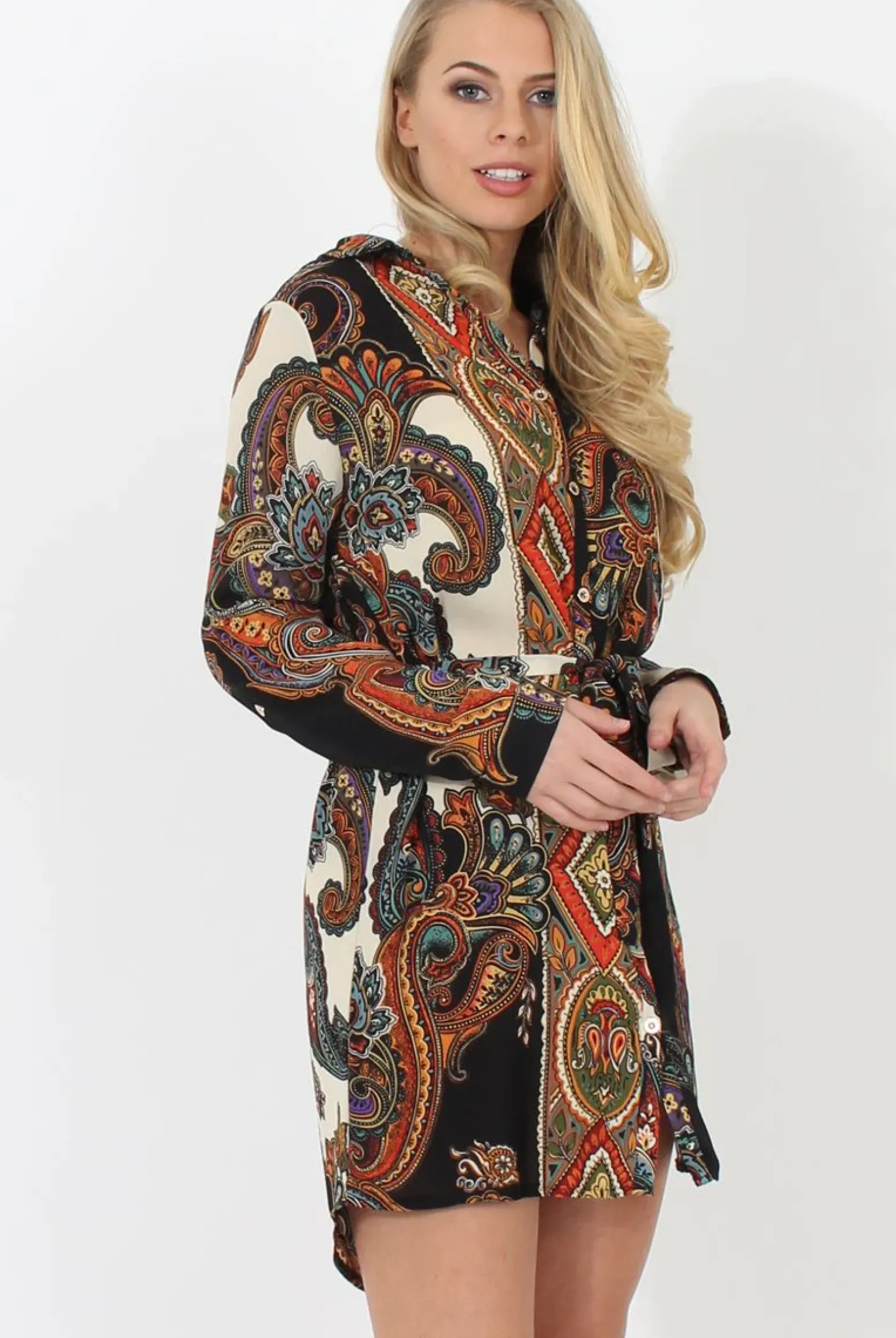 Rebellious Fashion Black Paisley Print Shirt Dress - Pearl