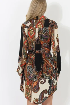 Rebellious Fashion Black Paisley Print Shirt Dress - Pearl