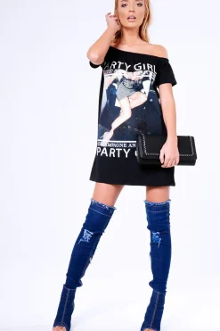 Rebellious Fashion Black 'Party Girl' Graphic Print Bardot T-Shirt Dress - Lula