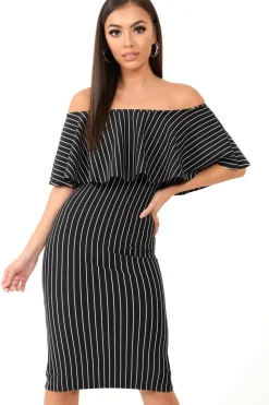 Rebellious Fashion Black Pinstripe Frill Bardot Bodycon Midi Dress -Jovey
