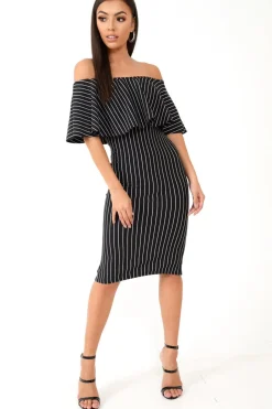 Rebellious Fashion Black Pinstripe Frill Bardot Bodycon Midi Dress -Jovey