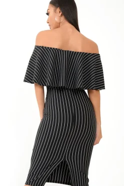 Rebellious Fashion Black Pinstripe Frill Bardot Bodycon Midi Dress -Jovey