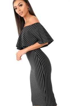 Rebellious Fashion Black Pinstripe Frill Bardot Bodycon Midi Dress -Jovey