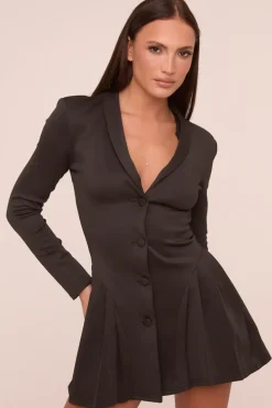Rebellious Fashion Black Pleat Detail Button Up Front Long Sleeve Mini Dress - Reyah