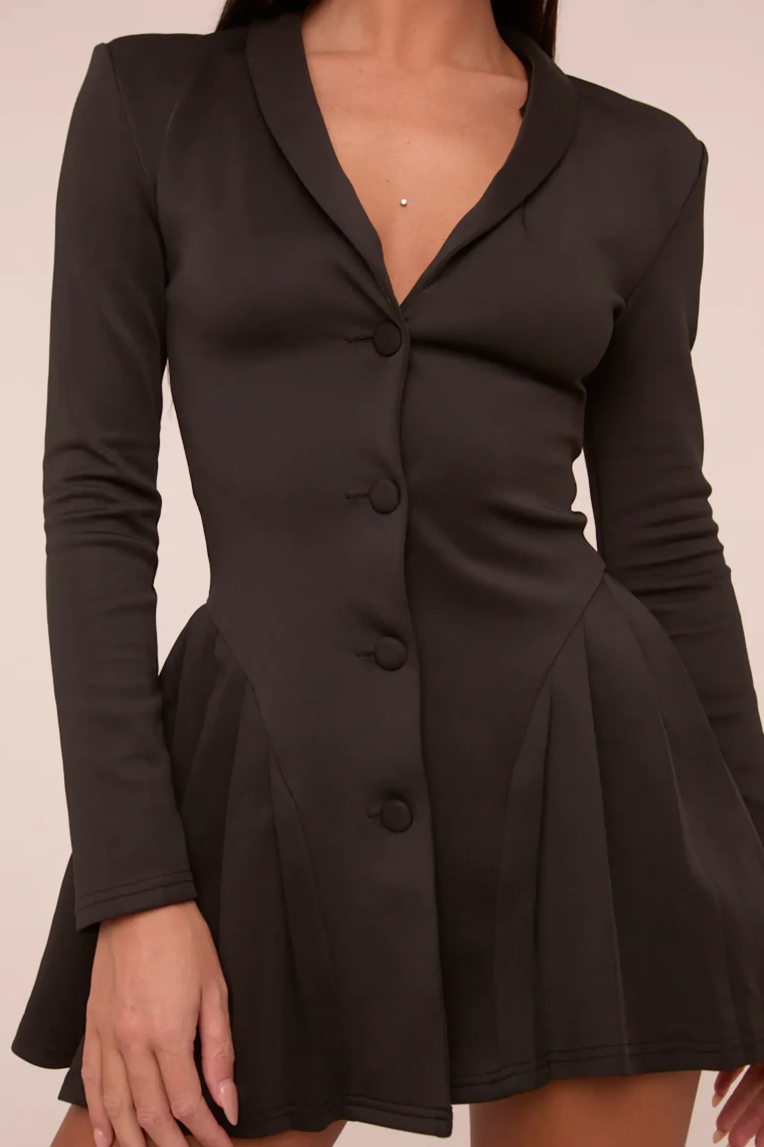 Rebellious Fashion Black Pleat Detail Button Up Front Long Sleeve Mini Dress - Reyah