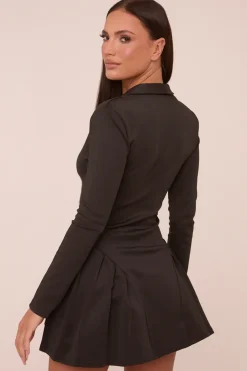 Rebellious Fashion Black Pleat Detail Button Up Front Long Sleeve Mini Dress - Reyah