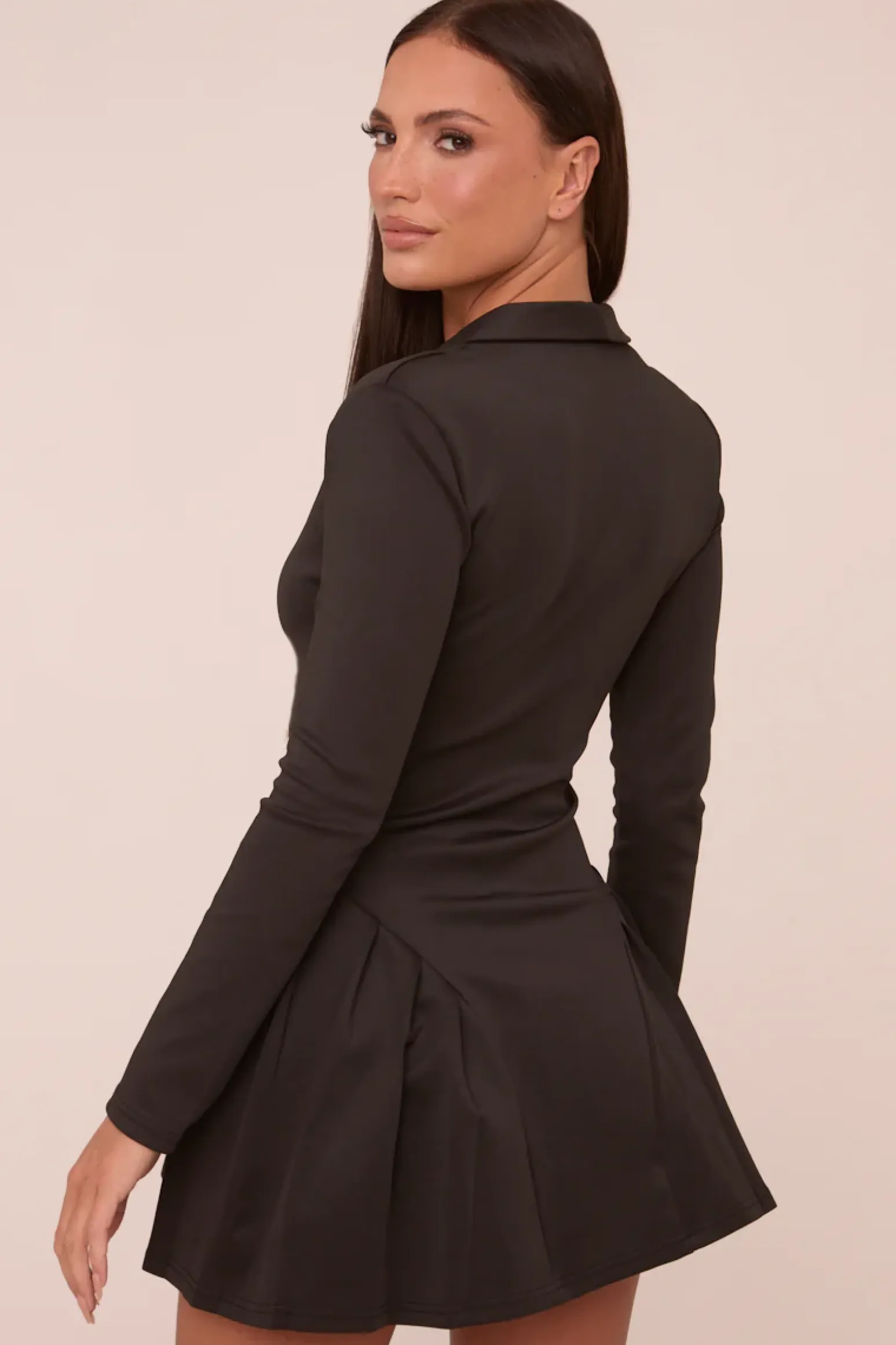 Rebellious Fashion Black Pleat Detail Button Up Front Long Sleeve Mini Dress - Reyah