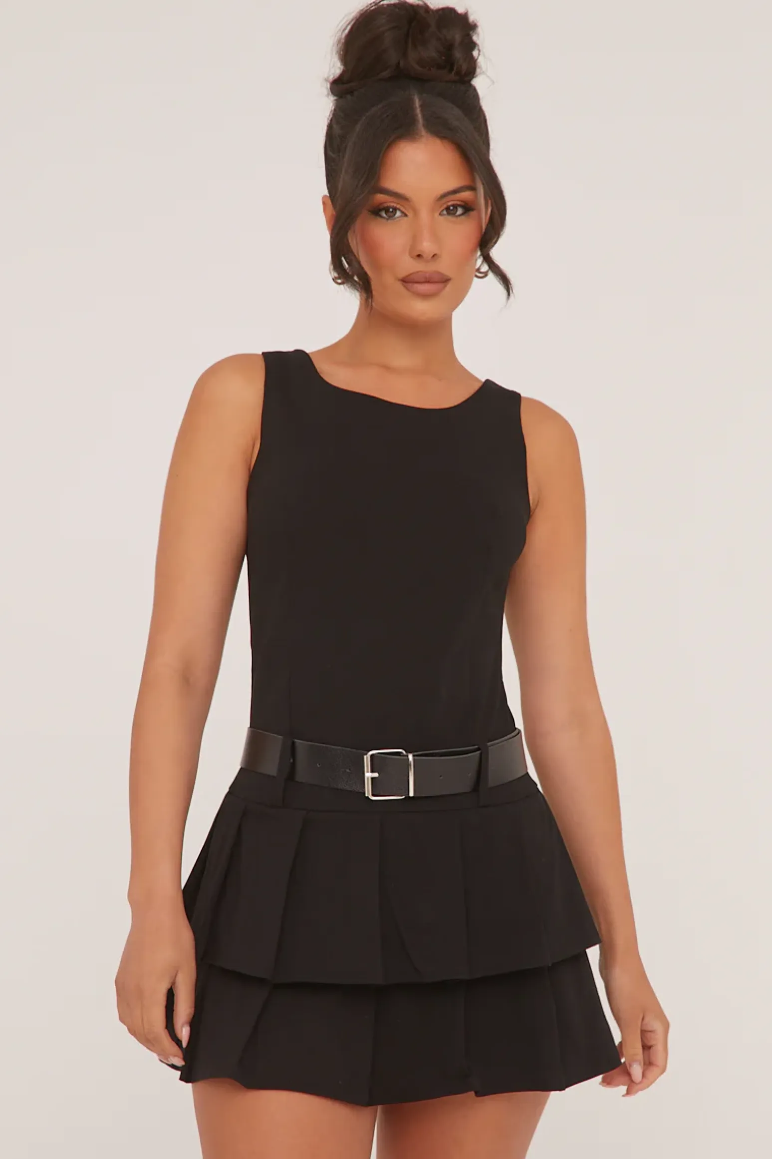 Rebellious Fashion Black Pleated Belt Detail Mini Dress - Bobbie