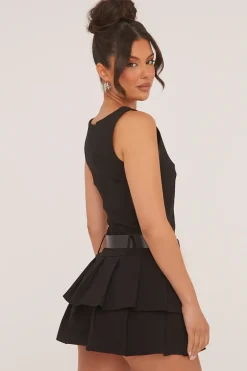 Rebellious Fashion Black Pleated Belt Detail Mini Dress - Bobbie