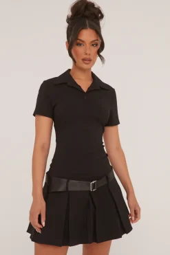 Rebellious Fashion Black Pleated Hem Belt Detail Mini Dress - Millie