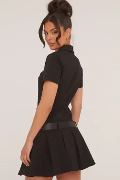 Rebellious Fashion Black Pleated Hem Belt Detail Mini Dress - Millie