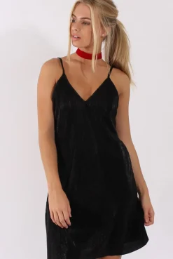 Rebellious Fashion Black Pleated Metallic Slip Dress - Peaches