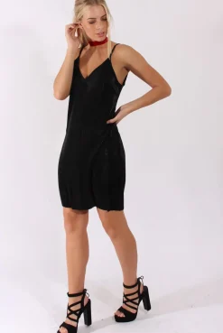 Rebellious Fashion Black Pleated Metallic Slip Dress - Peaches