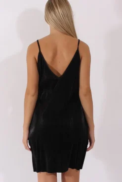 Rebellious Fashion Black Pleated Metallic Slip Dress - Peaches
