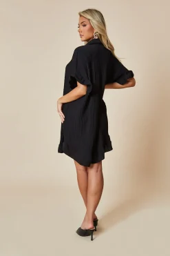 Rebellious Fashion Black Plisse Detail Frill Hem Oversized Dress - Sakura