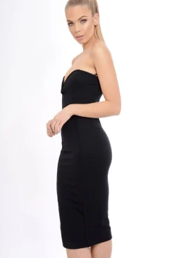 Rebellious Fashion Black Plunge Bandeau Bodycon Midi Dress - Perry
