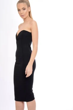 Rebellious Fashion Black Plunge Bandeau Bodycon Midi Dress - Perry