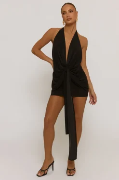 Rebellious Fashion Black Plunge Drape Front Mini Dress - Perth