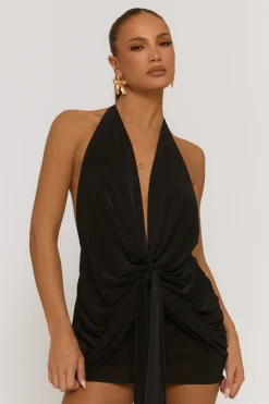 Rebellious Fashion Black Plunge Drape Front Mini Dress - Perth