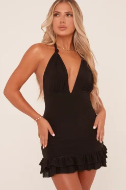 Rebellious Fashion Black Plunge Halter Neck Frill Hem Mini Dress - Riplee