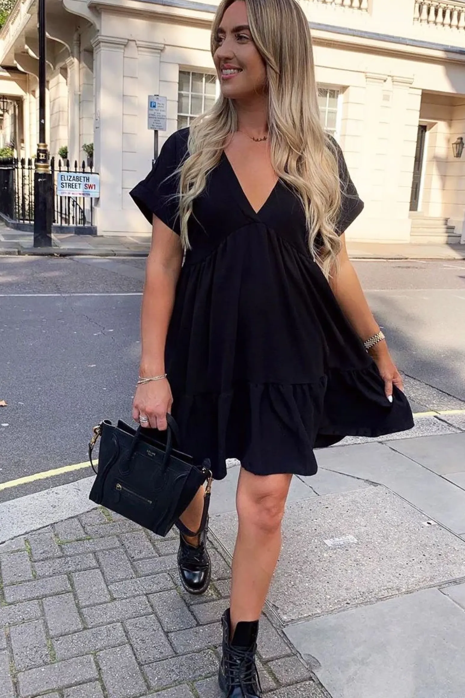 Rebellious Fashion Black Plunge Neckline Tiered Dress - Caralyn