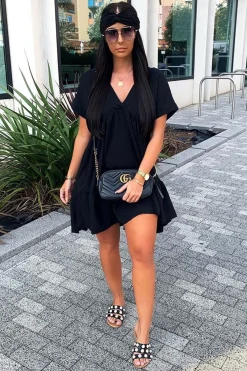 Rebellious Fashion Black Plunge Neckline Tiered Dress - Caralyn