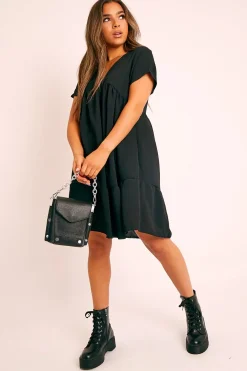 Rebellious Fashion Black Plunge Smock Dress - Cambriella
