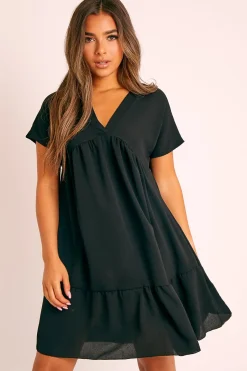 Rebellious Fashion Black Plunge Smock Dress - Cambriella