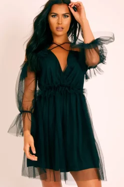 Rebellious Fashion Black Plunge Tulle Ruffle Cross Back Dress - Aerial