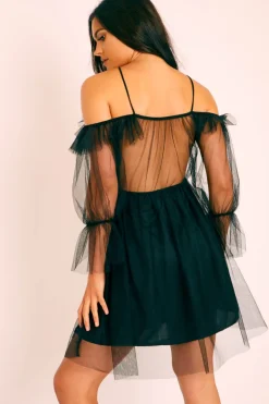 Rebellious Fashion Black Plunge Tulle Ruffle Cross Back Dress - Aerial