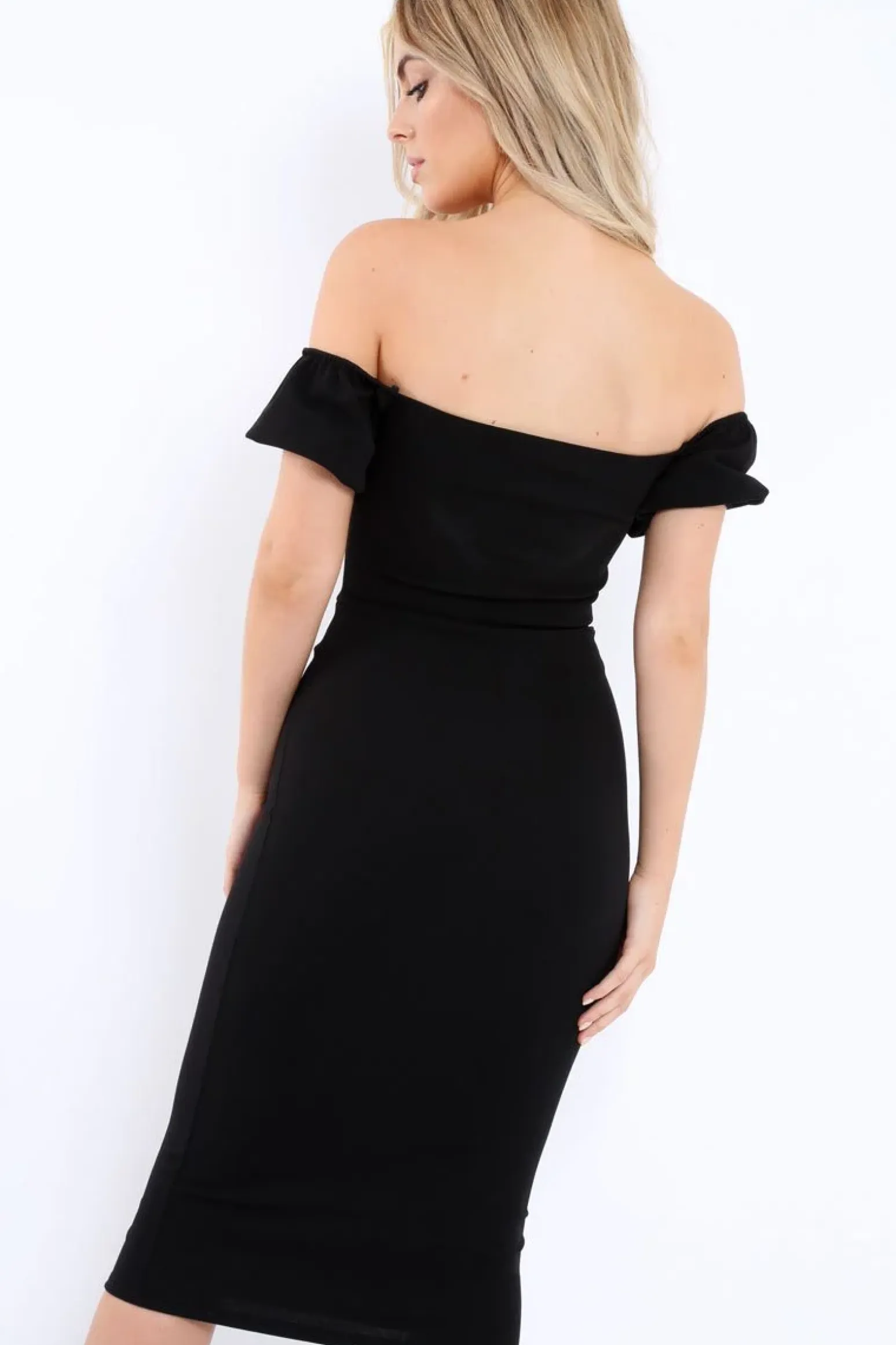 Rebellious Fashion Black Plunge V Bardot Midi Bodycon Dress - Nanda