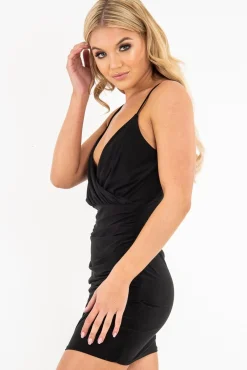 Rebellious Fashion Black Plunge Wrap Front Slinky Mini Dress - Cressie