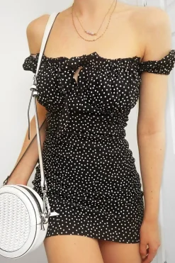 Rebellious Fashion Black Polka Dot Bow Detail Milkmaid Mini Dress - Galena