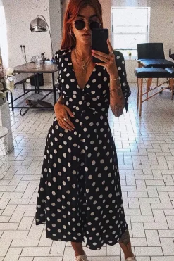 Rebellious Fashion Black Polka Dot Button Front Midi Dress - Prima