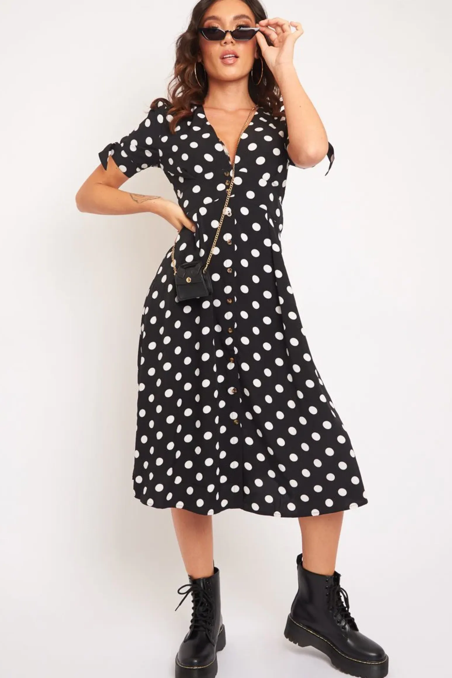 Rebellious Fashion Black Polka Dot Button Front Midi Dress - Prima