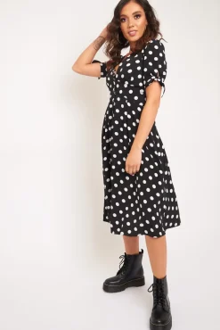 Rebellious Fashion Black Polka Dot Button Front Midi Dress - Prima