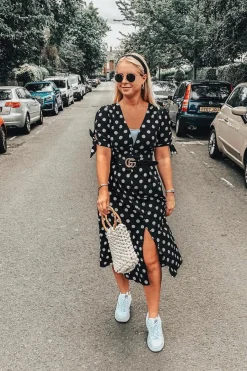 Rebellious Fashion Black Polka Dot Button Front Midi Dress - Prima